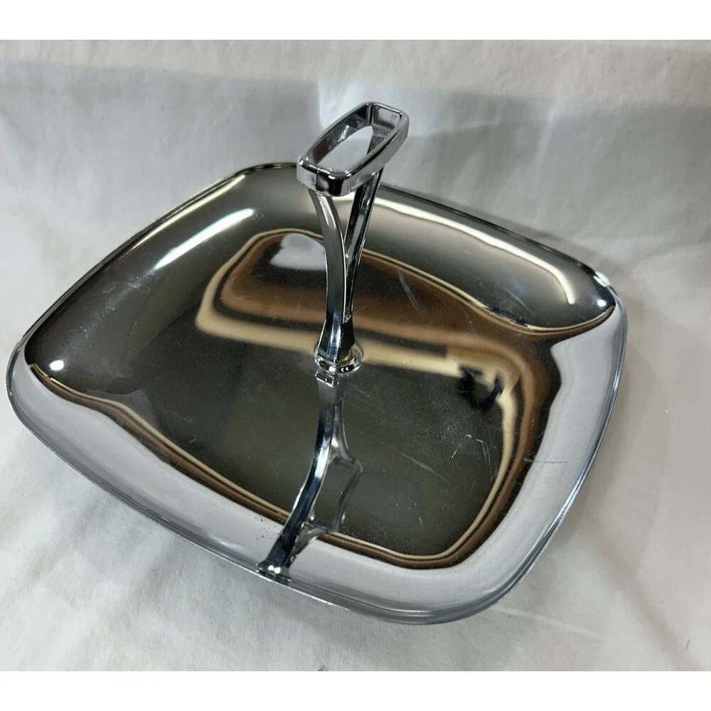 Vintage Milbern Silver Chrome Tidbit Serving Tray MCM Square One Tier